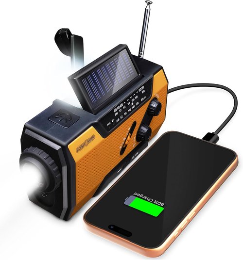 FosPower NOAA Emergency Weather Radio - Portable Power Bank with AM/FM, USB/Solar/Hand Crank, SOS Alarm & Flashlight - Orange
