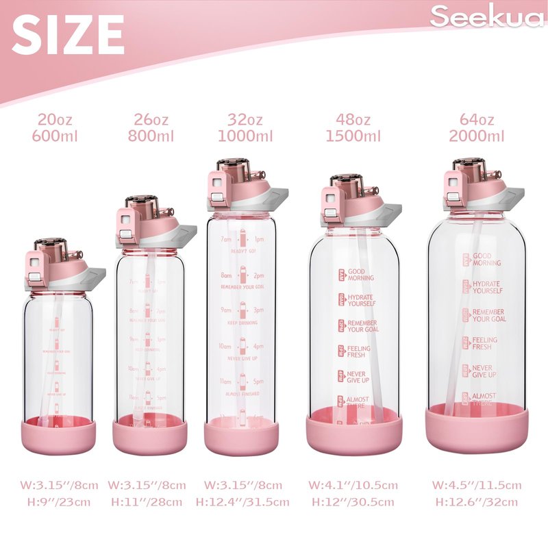 Seekua 20 oz Sports Glass Water Bottle with Straw & Time Marker, Motivational Kids Daily Glass Drinking Bottle with Strap for Children, School