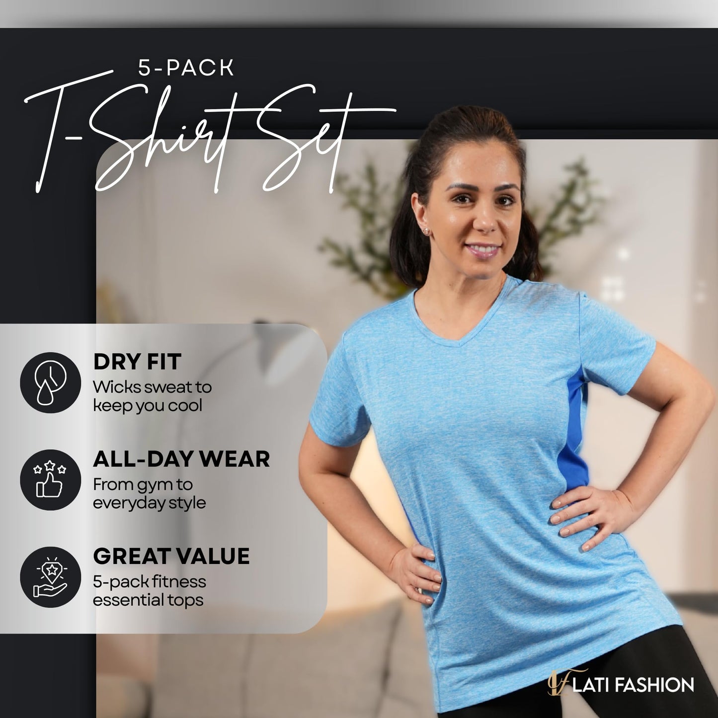 Lati Fashion 5 Pack Dry Fit Shirts for Women Workout Tops Short Sleeve V Neck Womens T Shirts for Yoga Running Pilates S-3X (US, Alpha, Large, Regular, Regular, Set6)