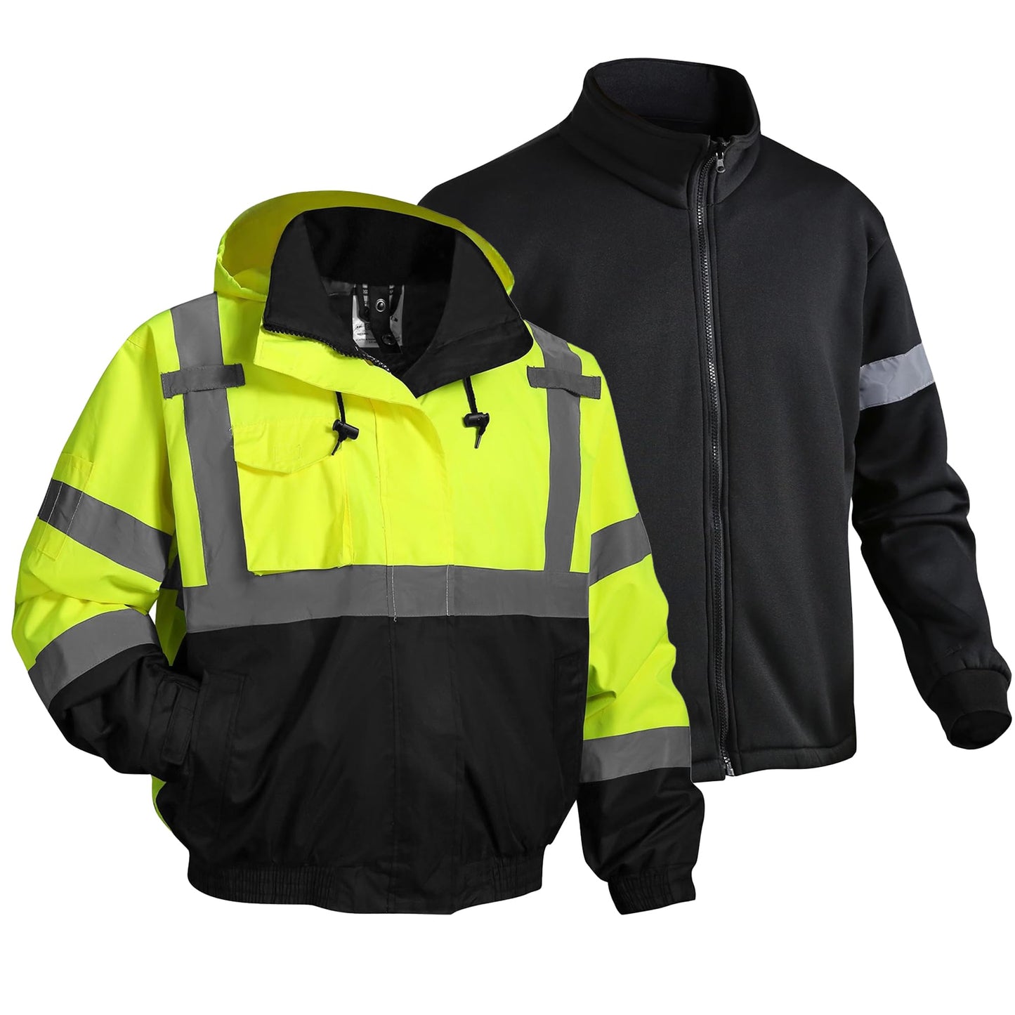 DPSAFETY 3 in 1 Safety jacket,Reflective high Visibility Hooded jacket,Hi Vis Bomber Jacket shell and fleece lining,Waterproof,ANSI Class 3 Black Bottom Lime,2XL