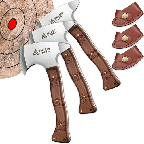 Freelander 7.9'' Throwing Axe Set with Leather Sheath, 3 Pack High Carbon Stainless Steel Small Throwing Axes Hatchet for Adults, Men & Women, Ergonomic Wood Handle for Competition and Recreation