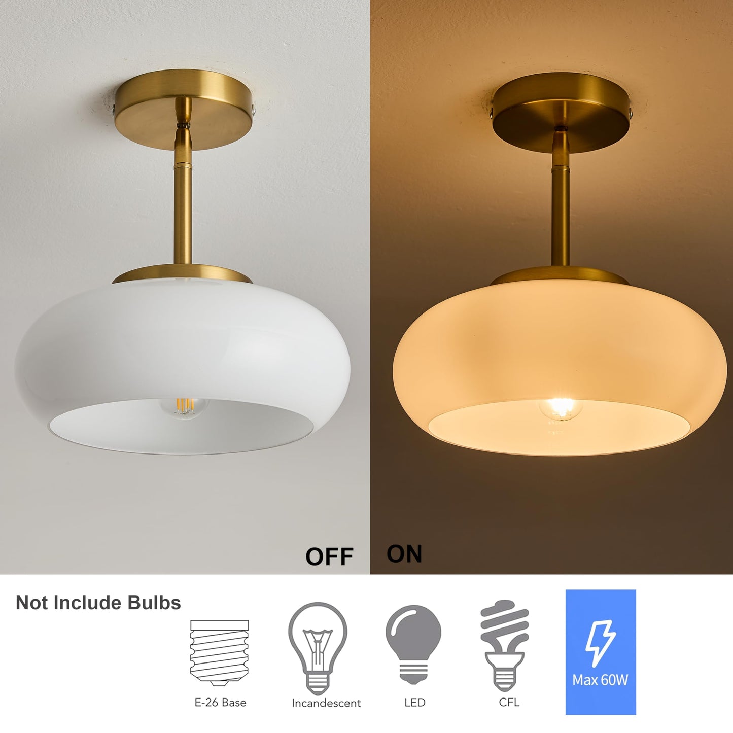 FCTWAKS 11" Modern Gold Semi Flush Mount Ceiling Light with Milk White Glass Shade, Mid Century Light Fixture for Hallway, Entryway, Dining Room, Kitchen