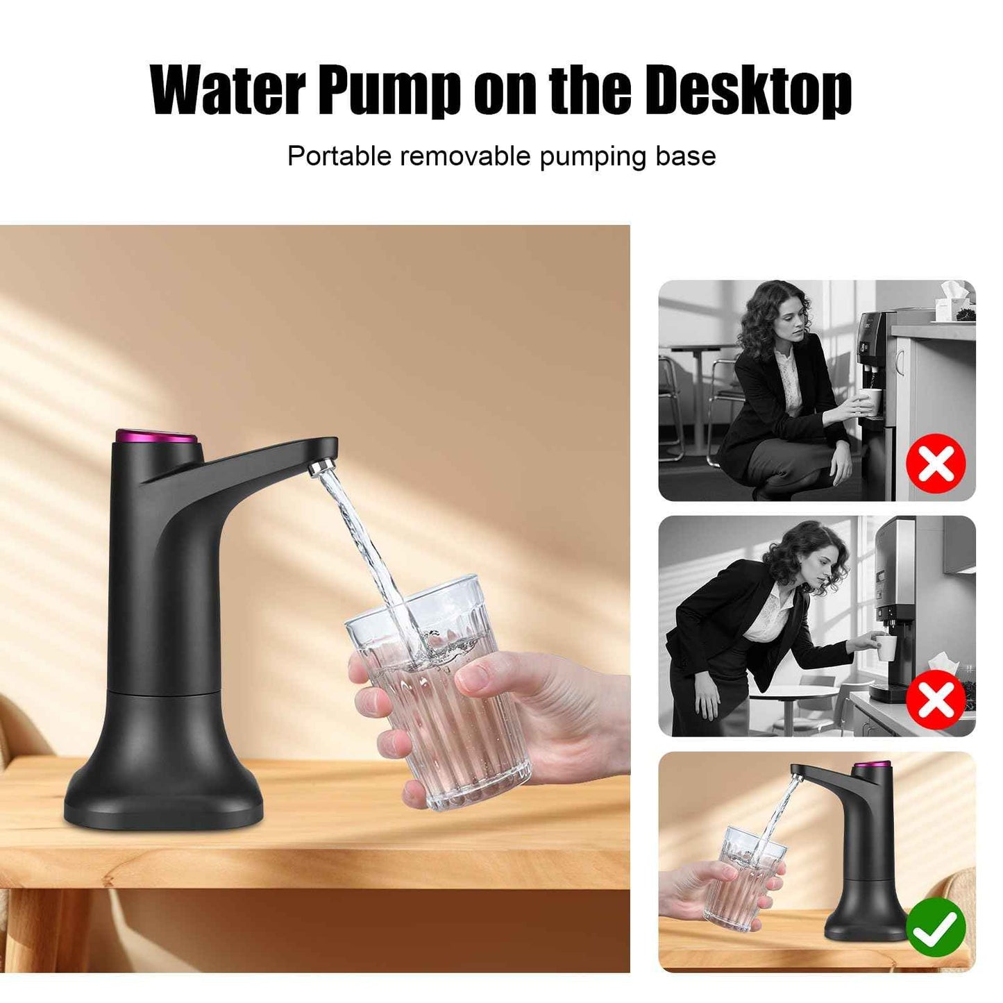 Water Pump for 5 Gallon Jug, Electric Water Dispenser for 5 Gallon Bottle, USB-C Rechargeable Portable Automatic Pump with Mobile Base for RV, Camping, Home, Office - Black