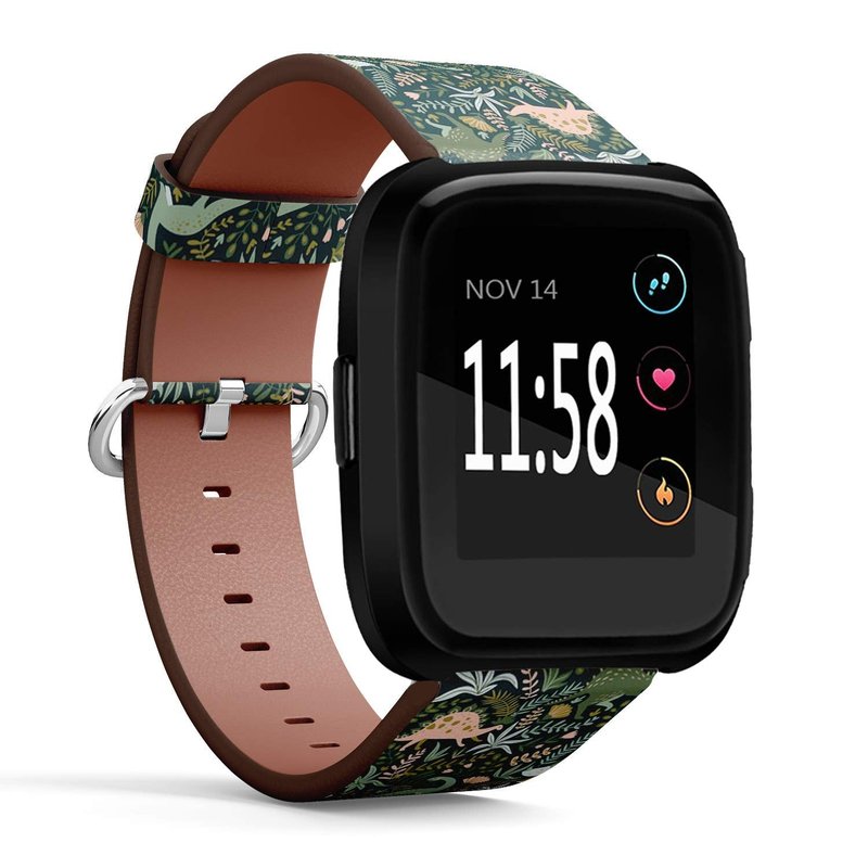 Q-Beans Replacement Band, Compatible with Fitbit Versa/Versa 2 / Versa Lite - Leather Band Bracelet Strap Wristband Accessory // Dinosaurs
