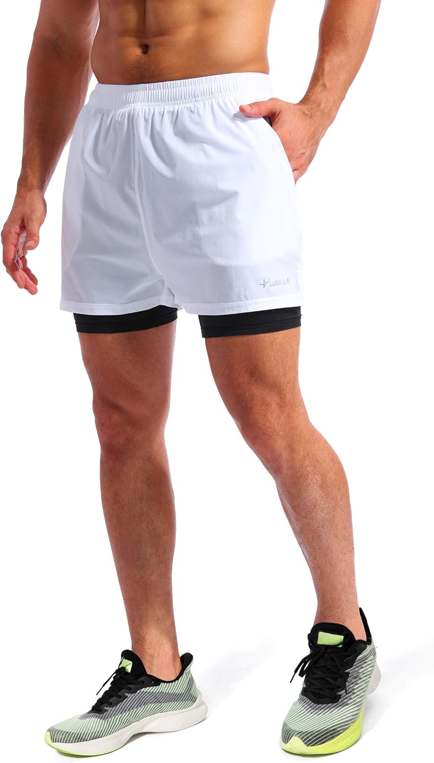 Pudolla Men's 2-in-1 Running Shorts - Quick Dry Athletic Gym Shorts with Phone Pockets | 5" Length