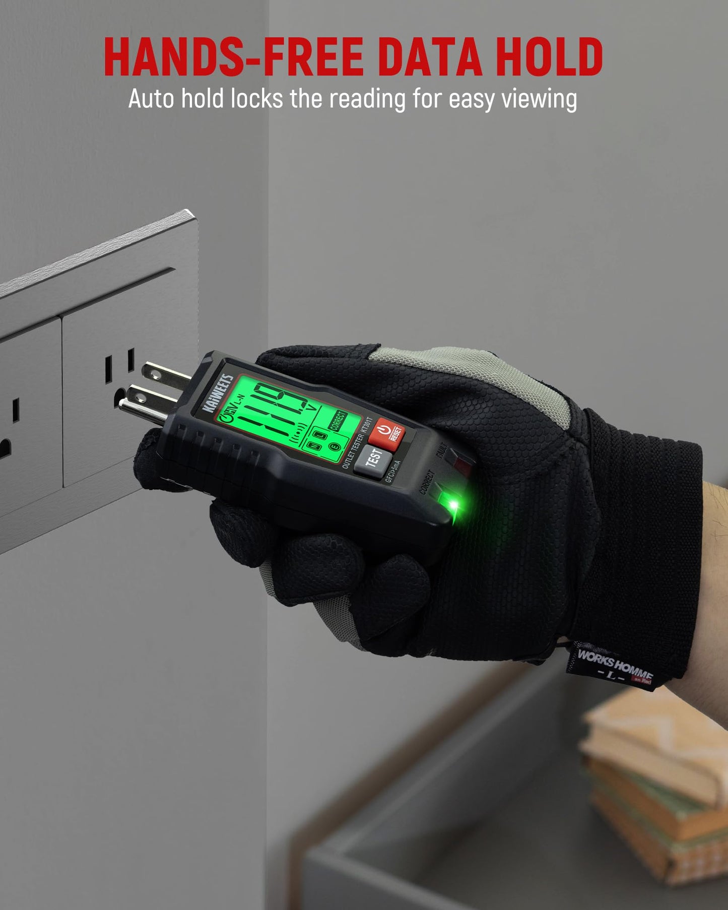 KAIWEETS GFCI Outlet Tester with LCD Display, 3-Prong Receptacle Wiring Detector, Voltage Socket Checker, Auto Hold, Electrical Diagnostic Tool for 120V AC Home Outlets