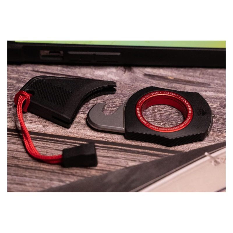 SOG Rapid Rescue Multi-Tool | Stainless Steel Seatbelt Cutter, GRN Handle, Aluminum Pull-Ring, Quick to Deploy from The Sheath, Black/Red