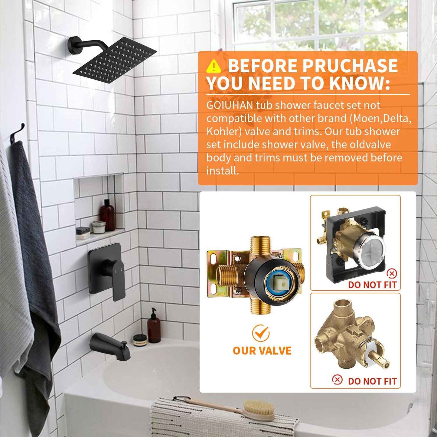 Black Tub Shower Faucet Set Complete with 8-Inch Rainfall Shower Head and Tub Spout Included Shower Valve Tub Shower Trim Kit Matte Black