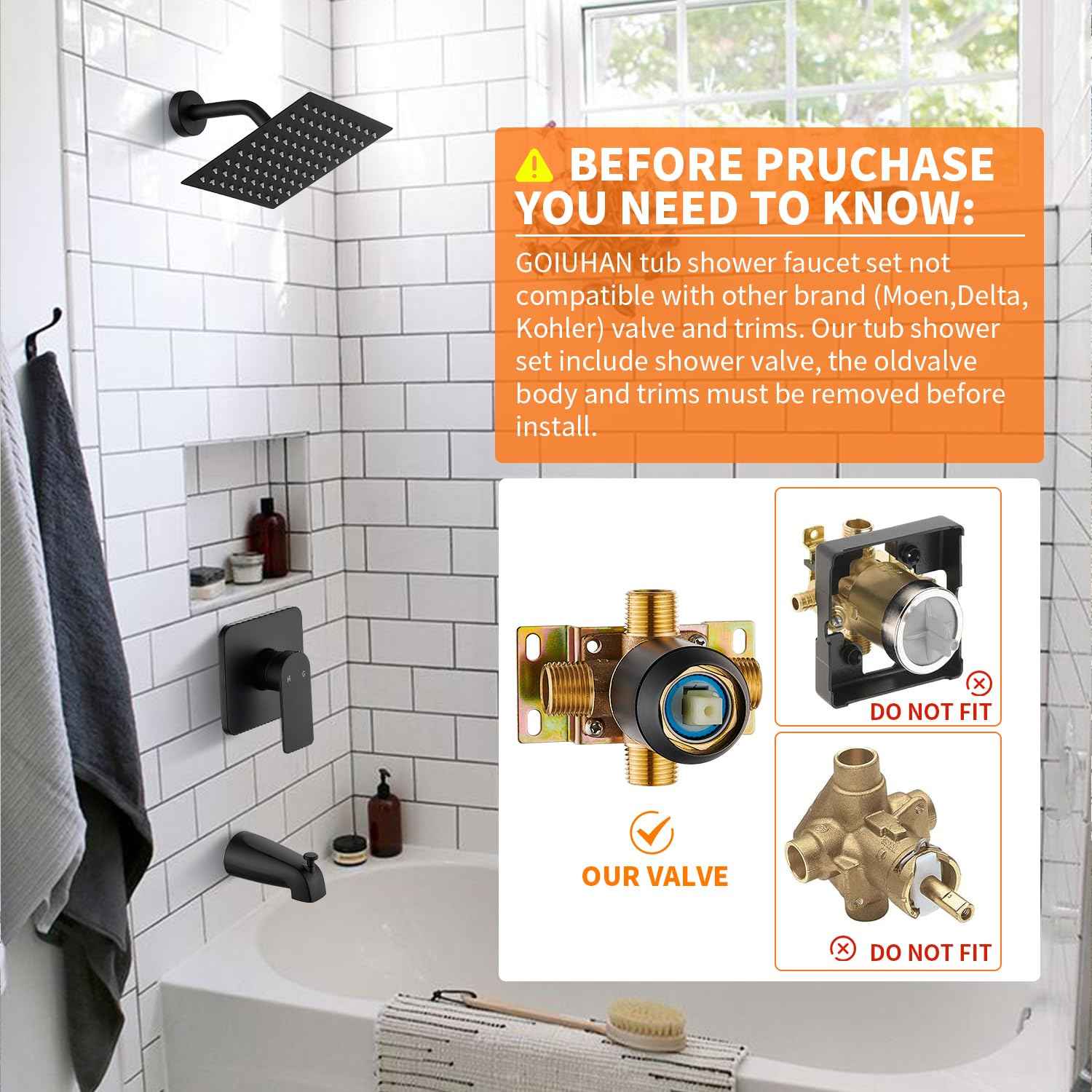 Black Tub Shower Faucet Set Complete with 8-Inch Rainfall Shower Head and Tub Spout Included Shower Valve Tub Shower Trim Kit Matte Black