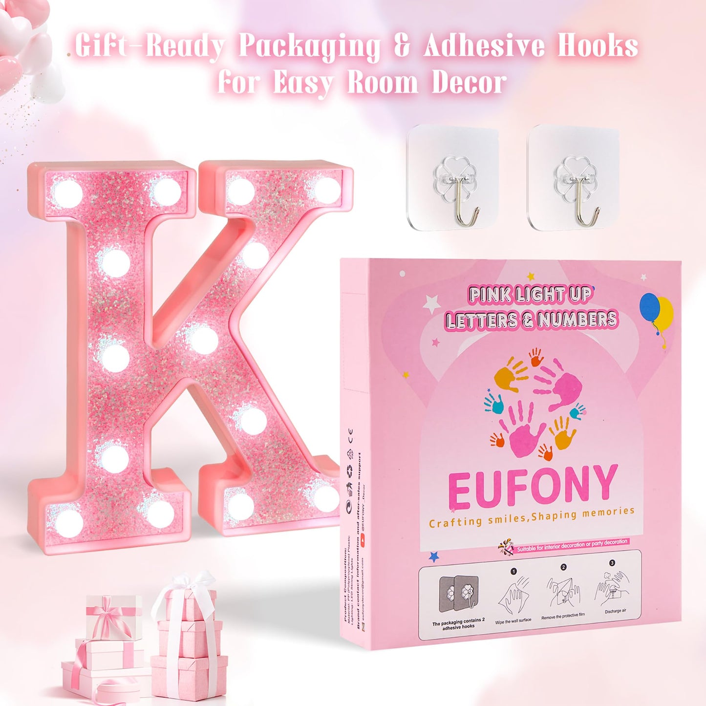 EUFONY Pink LED Marquee Light Up Letters, Glitter Alphabet Letter Lights for Birthday Party Decorations, Battery Operated Letter Signs for Girls Room Table Decor, Pink letter A with Cool White Lights