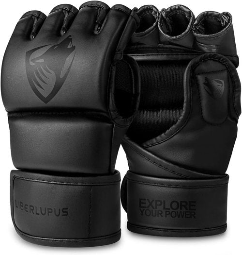 LIBERLUPUS MMA Gloves - Open Palm Sparring Gloves for Grappling & Kickboxing - Durable Synthetic Leather with Wrist Support