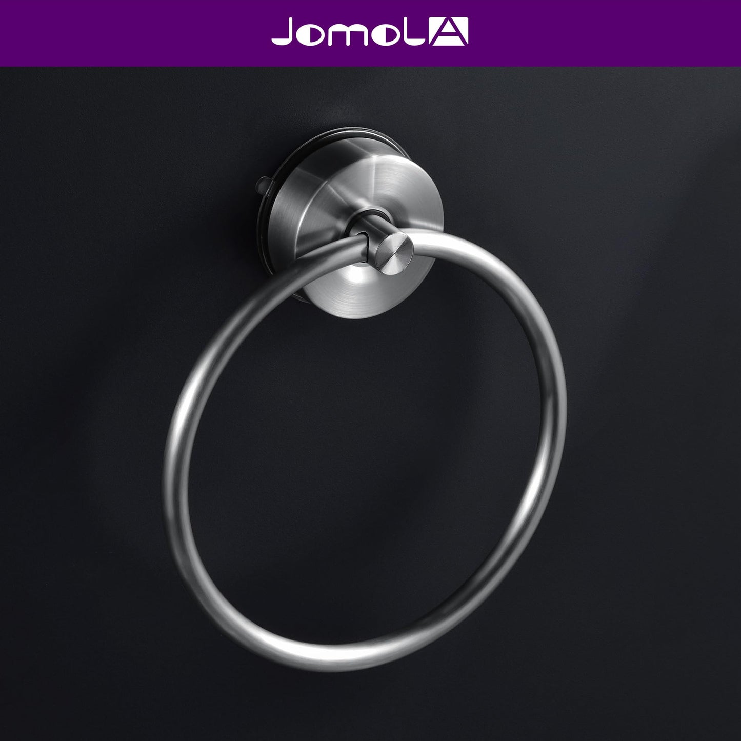 JOMOLA Stainless Steel Suction Cup Towel Ring Holder for Bathroom - Rustproof No Drill Wall Mount Towel Rack, Adjustable & Damage-Free Bathroom Accessories for Shower, Spa, Hotel, Brushed