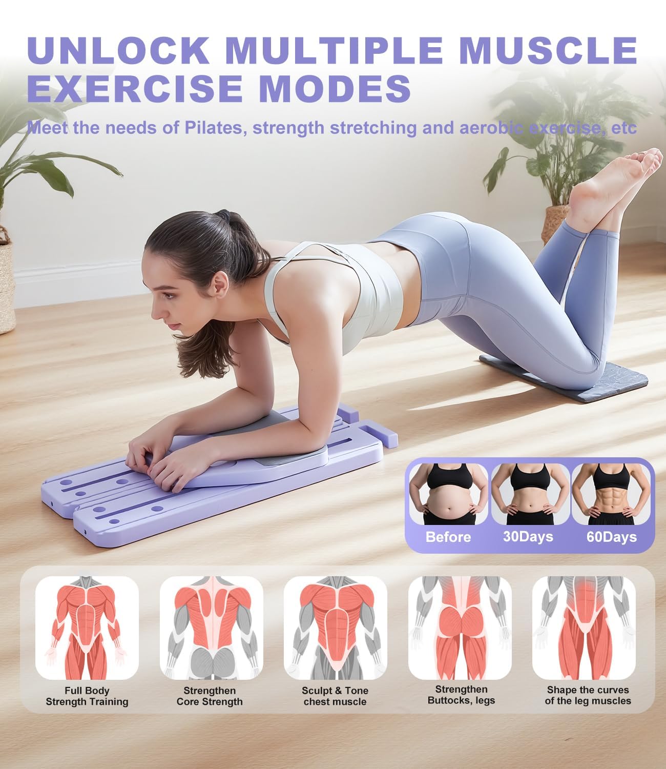 PENGYOUNG Pilates Board, 12 in 1 Mini Plilates Reformer Set, Multifuncional Portable Pilates Reformers Board for Home Workout, Free Combination 100+ Exercise Mode (Purple)