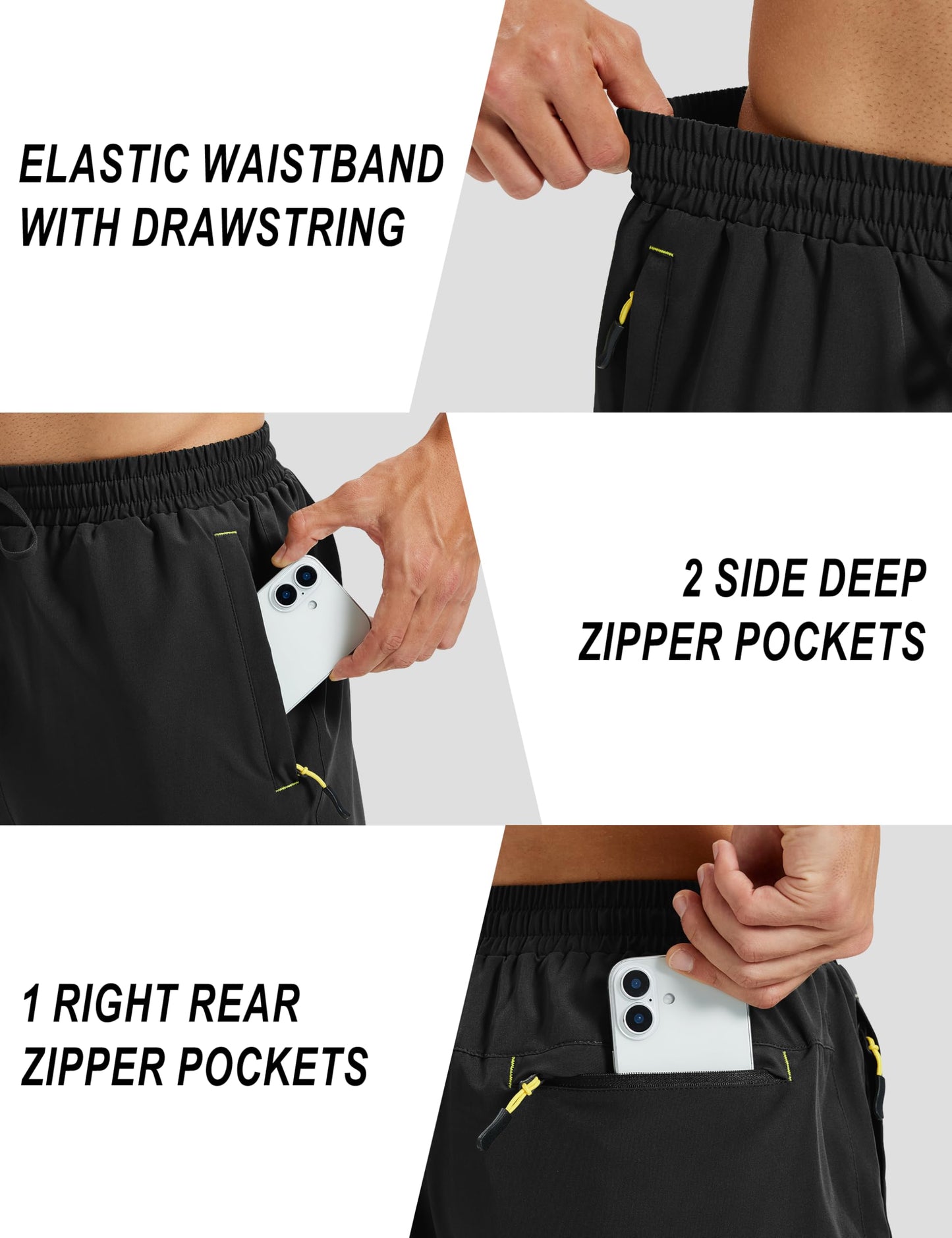 MAGCOMSEN Mens Hiking Shorts 7 Inch Quick Dry Lightweight 3 Zipper Pockets Running Athletic Black Workout Shorts Men,L