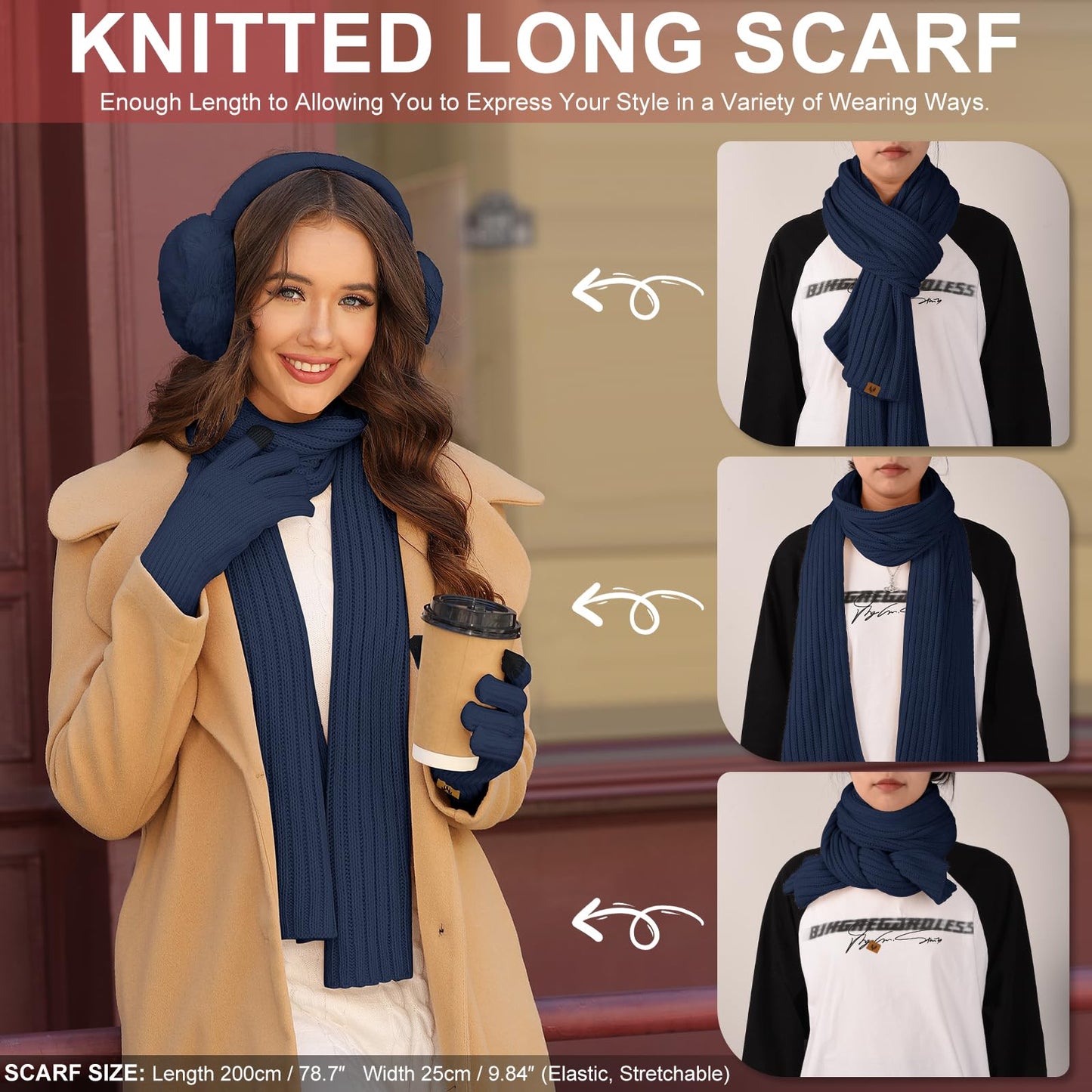 HEEKPEK Winter Beanie Hats Scarf Gloves Ear Muffs Fuzzy Socks 5pcs Set for Women Cold Weather Beanies Touch Screen Gloves (Navy Blue)