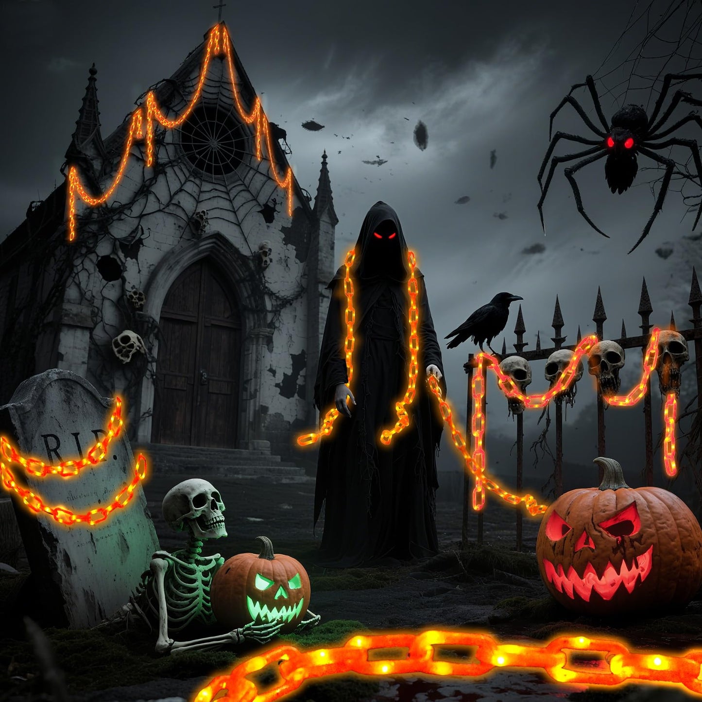 Large & Thicker Halloween Decorations Solar Charging String Lights - 10 Ft 160 LED Plastic Chain String Lights with Waterproof, 8 Lighting Modes and Automatically Lights up at Night ， Off in Daytime