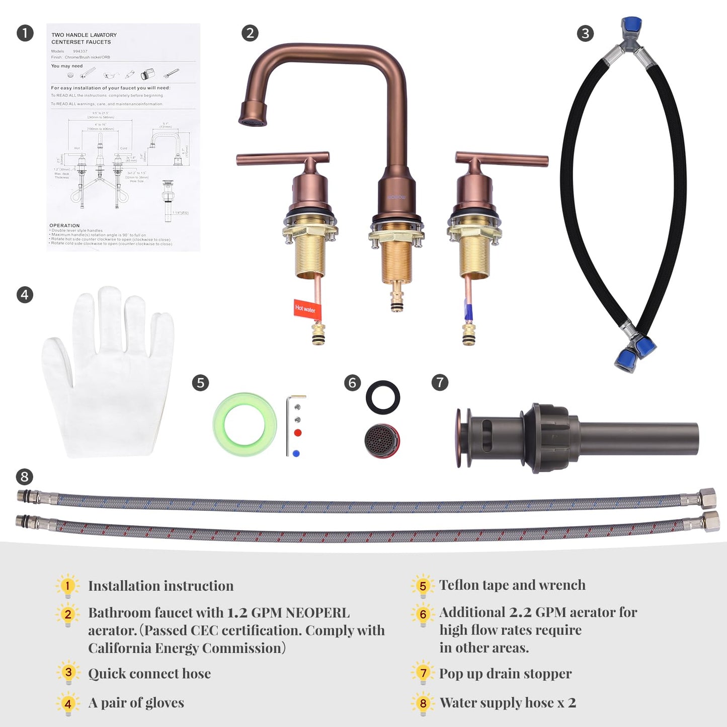 WOWOW Widespread Bathroom Faucet 3 Holes Bathroom Sink Faucet 2 Handle Vanity Faucet with Pop up Drain and Supply Lines Farmhouse Basin Tap 8 Inch Rose Gold