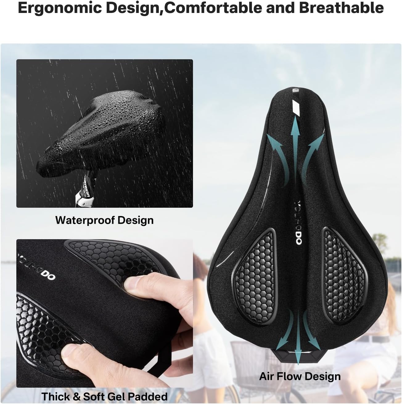YOUNGDO Gel Bike Seat Cushion - Waterproof Cover & Shock Absorbing Pad for Peloton, BMX, MTB & Road