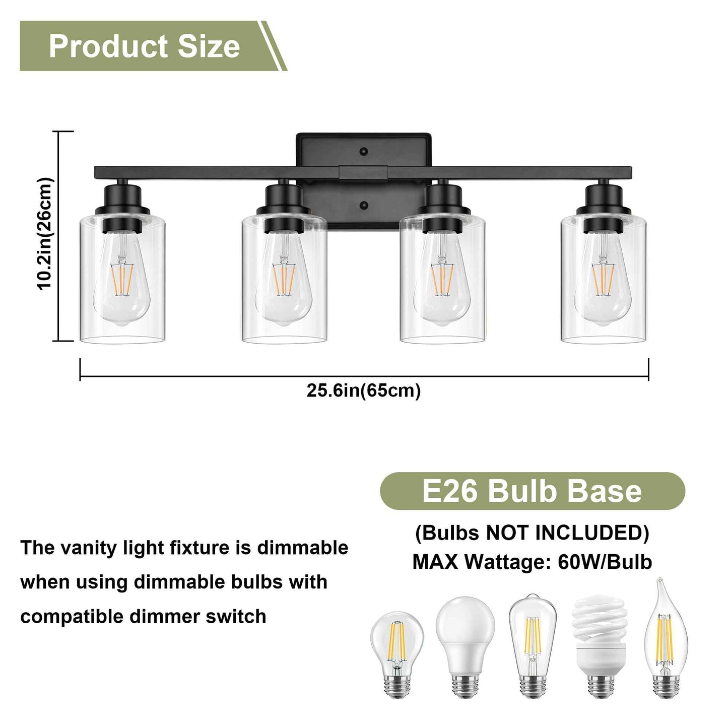 Unicozin Modern Bathroom Light Fixtures, 4 Light Vanity Lights Over Mirror, Black Wall Lamp with Clear Glass for Living Room Cabinet Bedroom Porch