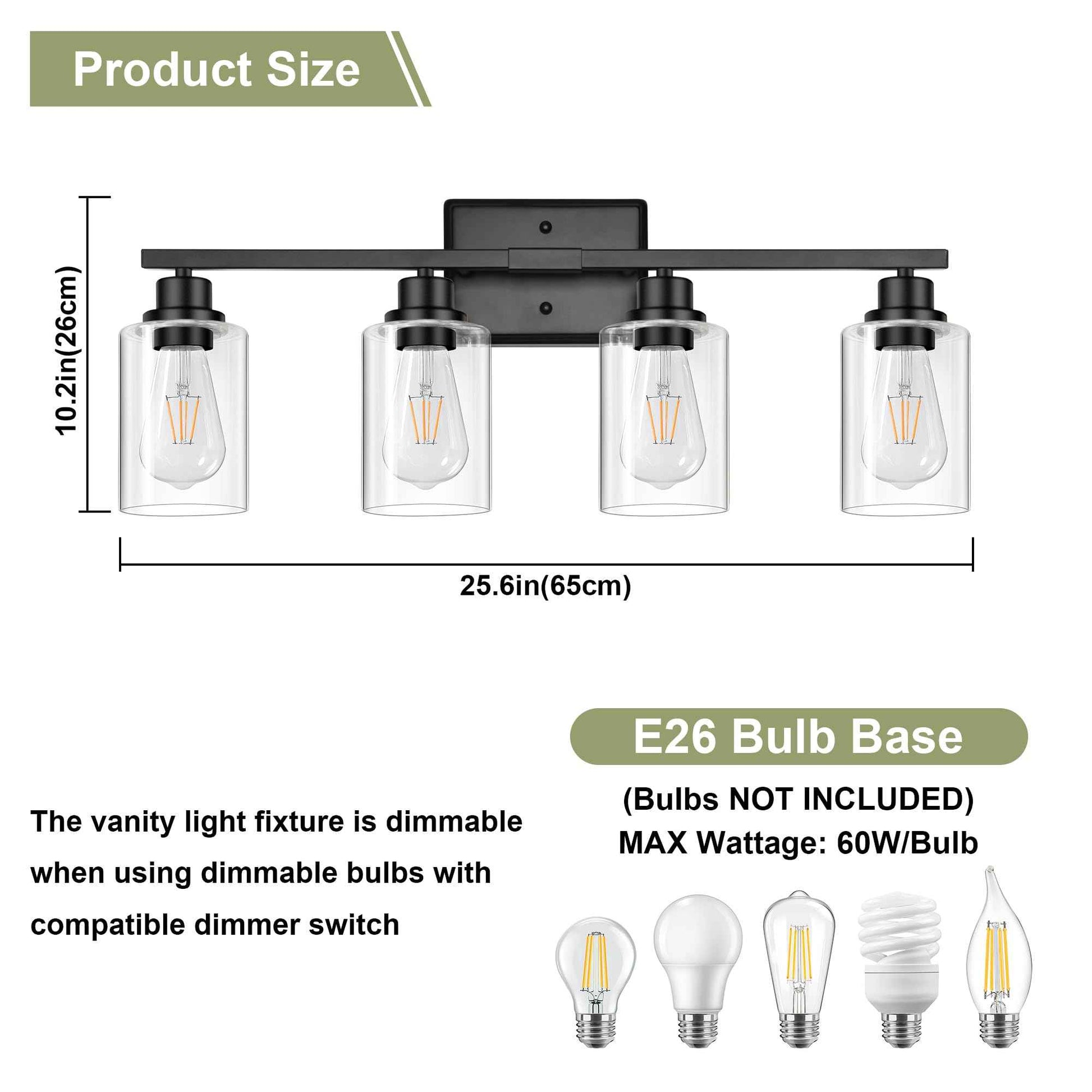 Unicozin Modern Bathroom Light Fixtures, 4 Light Vanity Lights Over Mirror, Black Wall Lamp with Clear Glass for Living Room Cabinet Bedroom Porch