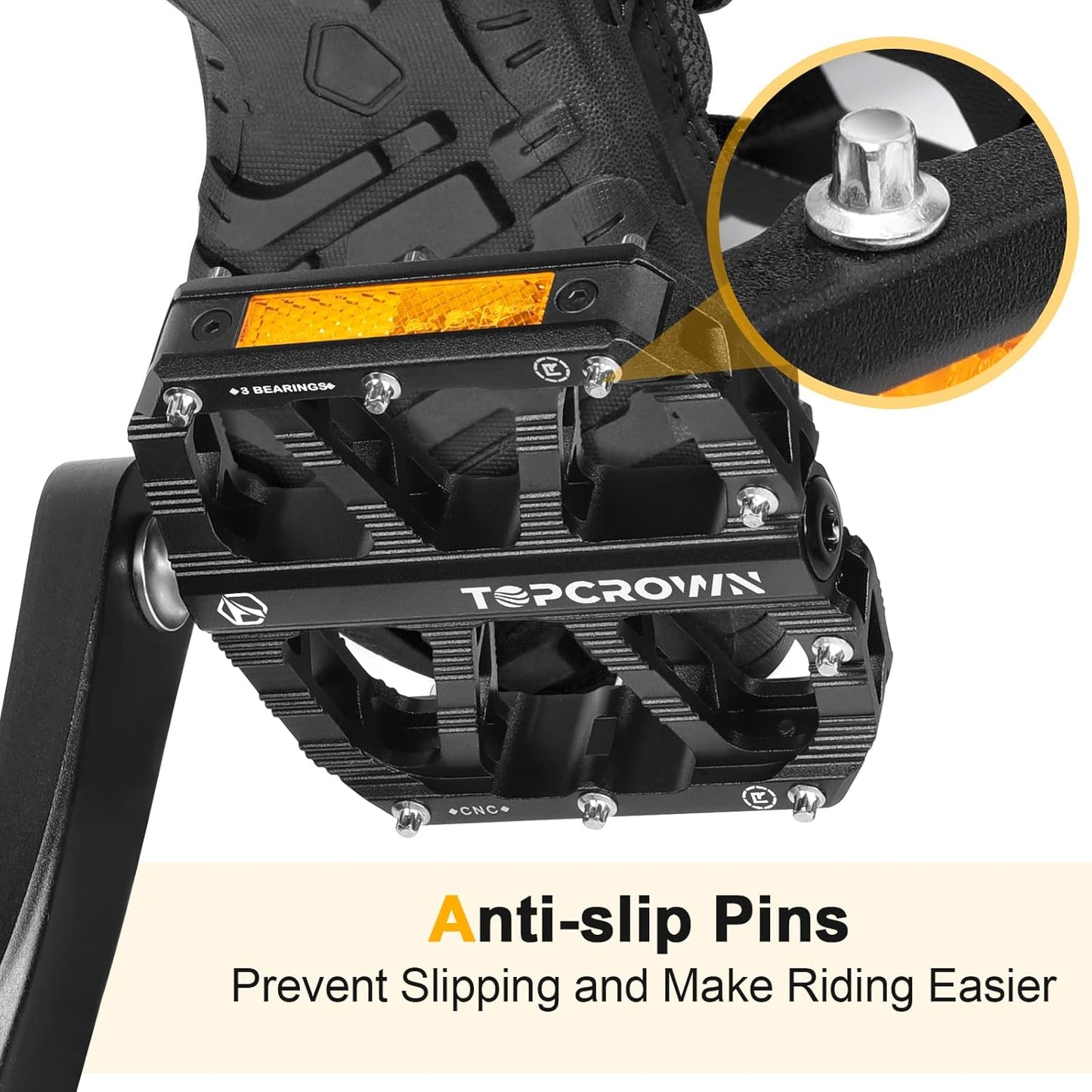 Topcrown Mountain Bike Pedals - Aluminum Flat Pedals with Reflectors & Non-Slip Design | 9/16" Size, 3 Sealed Bearings