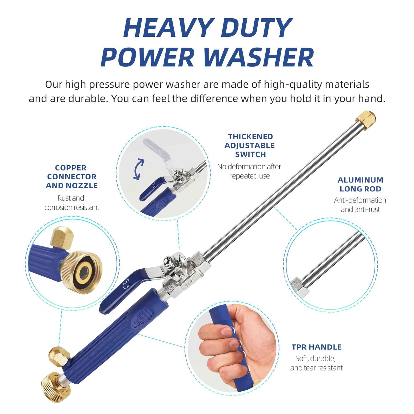 Jet Nozzle High Pressure Hose Nozzle for Garden Hose，Hydro Jet Nozzle Power Washer Wand for Garden Hose with 2 Different Nozzles and Quick Connectors for Car, Patio, Window Washing, Blue