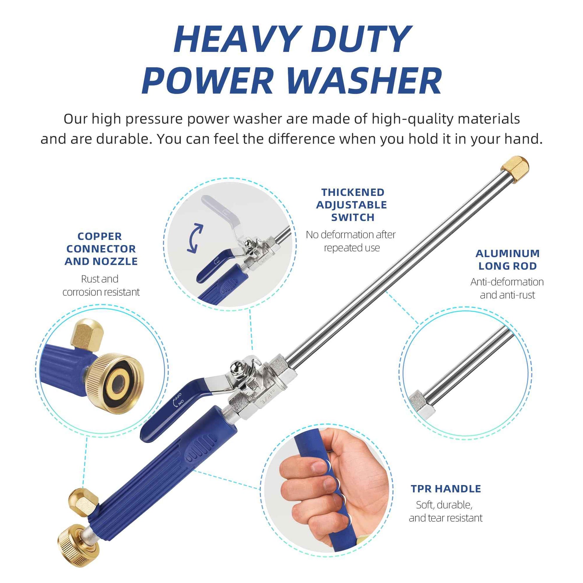 Jet Nozzle High Pressure Hose Nozzle for Garden Hose，Hydro Jet Nozzle Power Washer Wand for Garden Hose with 2 Different Nozzles and Quick Connectors for Car, Patio, Window Washing, Blue