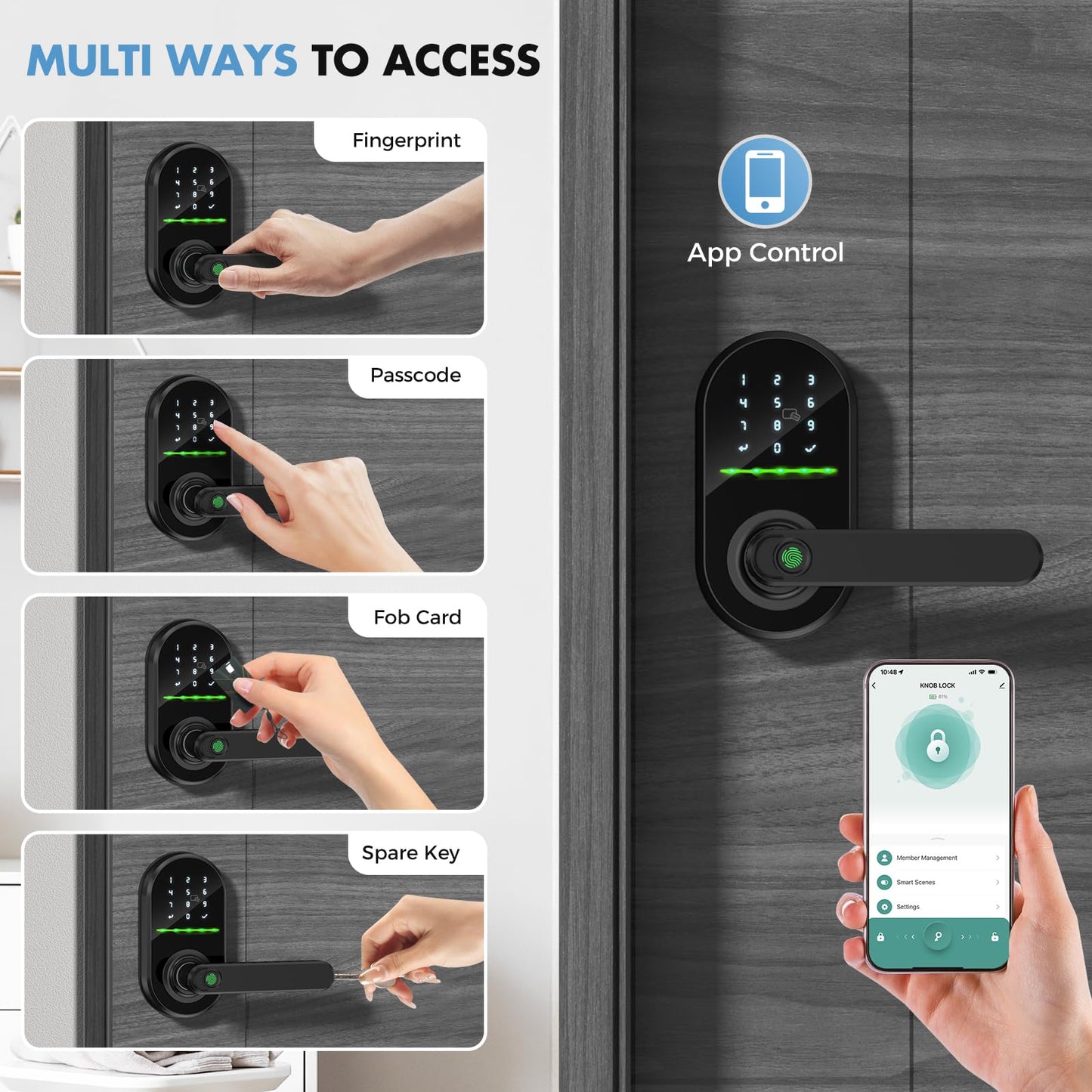 HEI LIANG Smart Door Handle with Biometric Fingerprint,Keypad Keyless Entry Door Lock for Front Door,5-in-1 Electronic Door Lock with App Control,Auto Lock,Reversible for Left/Right Hand,Deep Black