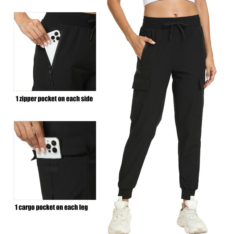 Women's Joggers with Pockets Lightweight - Water Resistant Quick Dry Cargo Athletic Pants for Hiking Running Camping Travel (Black, Large)