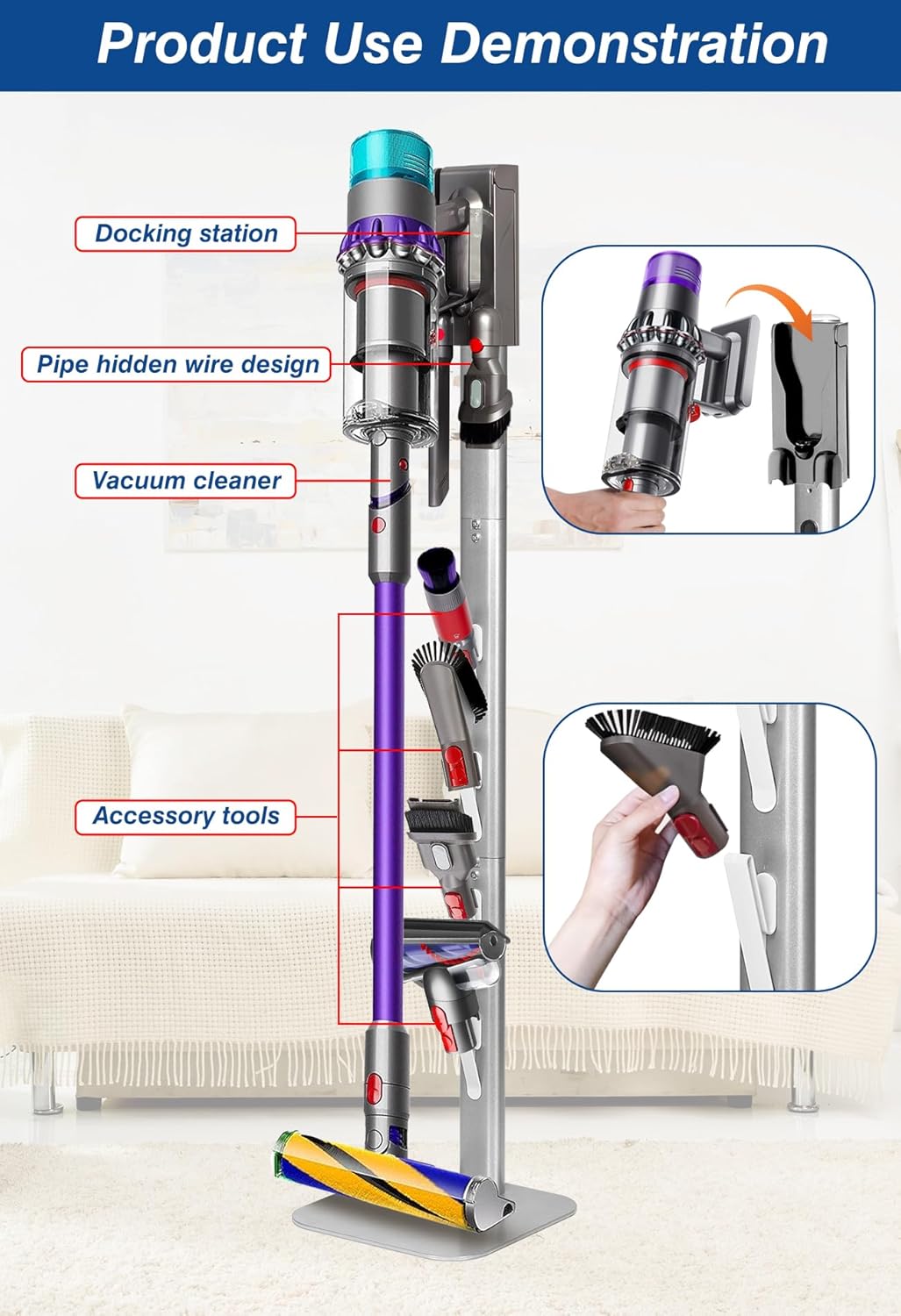 Dyson Vacuum Stand & Holder for Gen5 V15 V12 V11 V10 V8 V7 V6 - Metal Storage Bracket with Hidden Cord Design