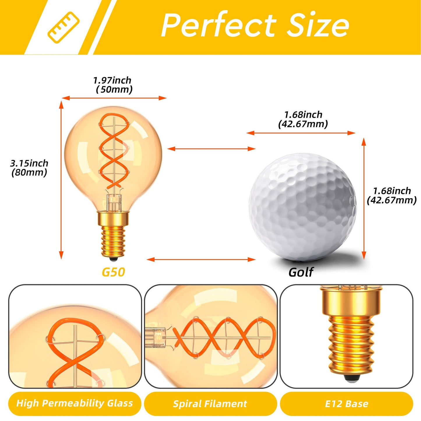 PADMO LUDAZ Dimmable G16.5 Amber Light Bulbs 25 Watt Equal 3W,Candelabra Edison Screw Base E12 Bulb Warm,Vintage LED Globe Light Bulbs for Chandelier Ceiling Fan,Soft White 2200K,180LM,2 Pack