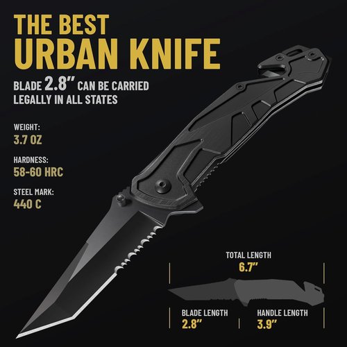 Legal Pocket Knife | Skiennix 5-in-1 Tactical Folding Knife - 2.8” Serrated Tanto Blade with Glass Breaker & Seatbelt Cutter