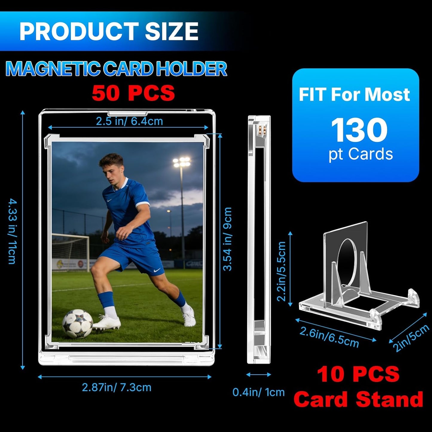 Skiennix Magnetic Card Holder - 50 Pcs UV Protected Clear Cases with 10 Stands for Trading Cards Display & Storage