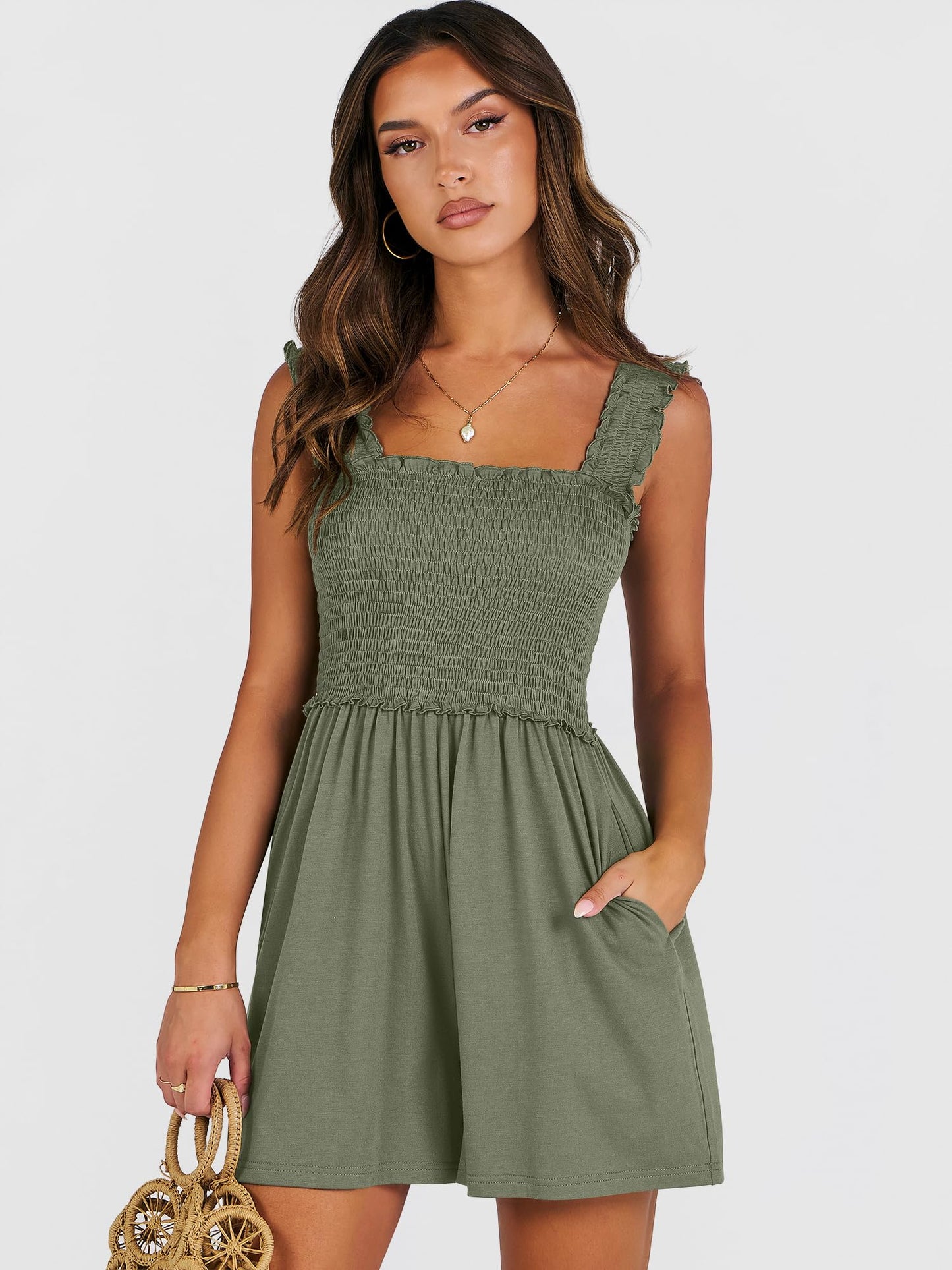 Caracilia Women's Summer Casual Smocked Rompers Square Neck Sleeveless Loose Shorts Jumpsuit 2026 Beach Vacation Outfits