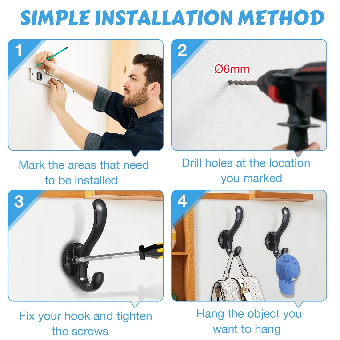 PEOIAOY 2 Pack Coat Hooks Wall Mount Heavy Duty Utility Retro Double Hooks for Hanging Coats,Hat, Towel, Key, Robe, Scarf, Bag, Cap (Black)