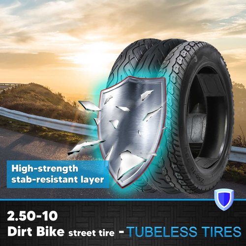 2.50-10 Dirt Bike Tire Street Tire Compatible with 14x2.50 14x2.5 60/100-10 ebike Tyre 33J 4 P.R. Max Load 253 Lbs Scooter Street Neumático with Tubeless Valves and Tools