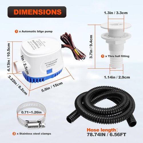 **1100 GPH Automatic Boat Bilge Pump - 12V Plumbing Kit with Hose & Fittings for Fishing & Yachts**