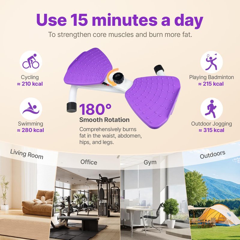 Waist Twister Machine with 300 lbs Weight Capacity, Abs Workout for Slim Waist and Core Ab Exercise, Noiseless Home Gym Exercise Equipment for Women Men, Purple