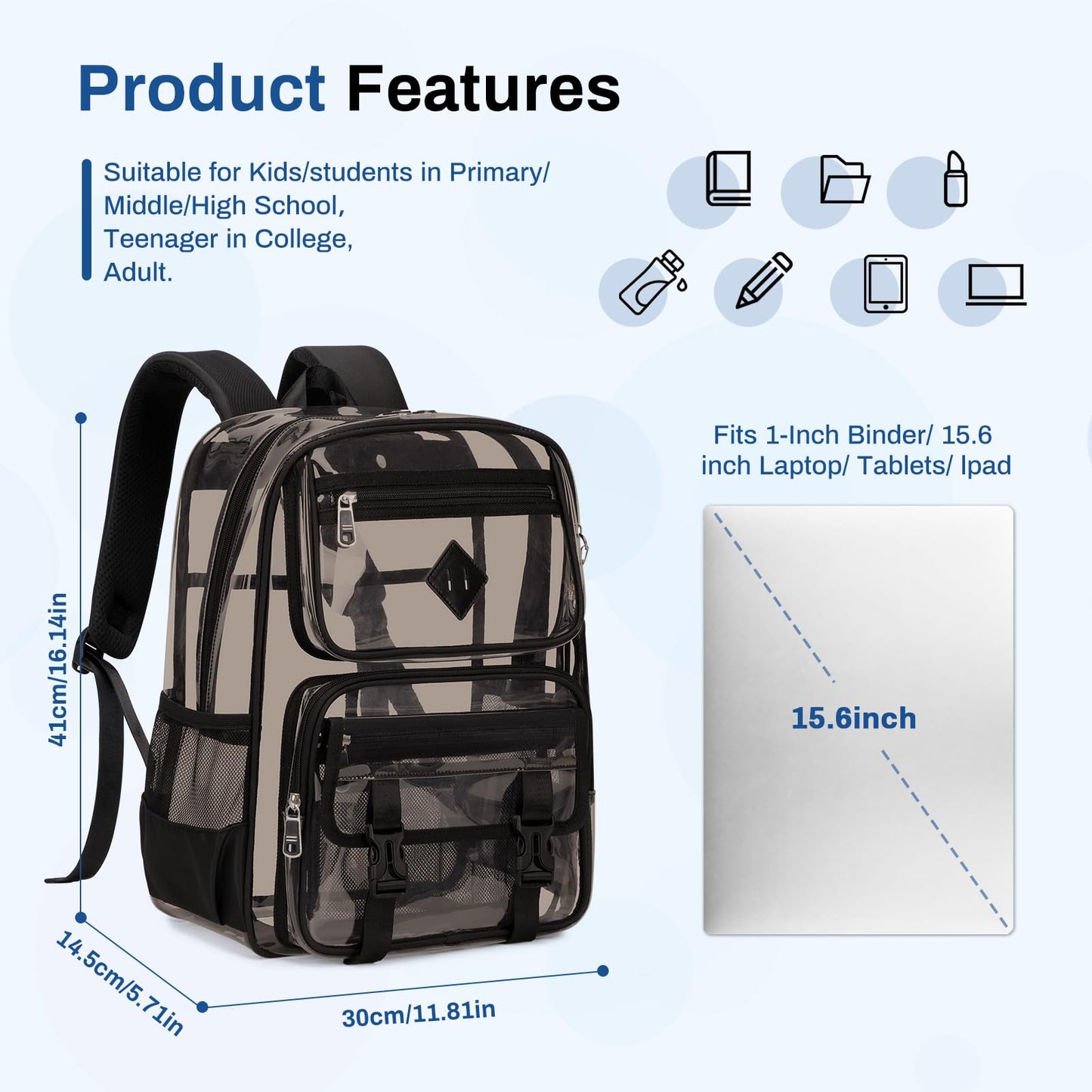 Clear Backpack for School, PVC Clear Bookbag Heavy Duty Transparent Backpack for Stadium Events Multiple Pockets See Through Bag for Teens Students Women Men with Leather Pendant, Semi Black