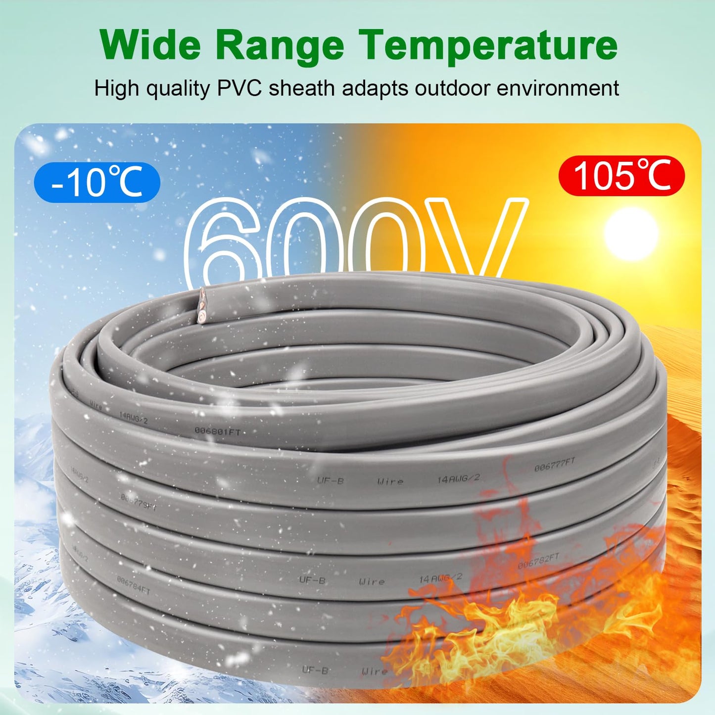 14/2 UF-B Wire - 100FT 14 Gauge Direct Burial Electrical Cable 100% Pure Copper 14AWG 2 Connector for Underground Feeder Wet or Corrosive Locations Indoor & Outdoor etc