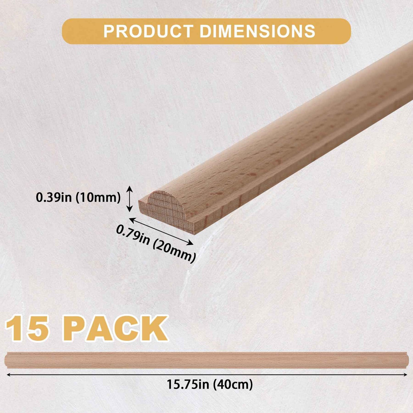 Soengsau 15-Pack 15.75" Unfinished Wood Astragal Trim - Easy to Paint, Cute Decorative Molding DIY Craft for Furniture Frame, Mirror Edge, Wall, Door, Closet, Dresser, Shelf