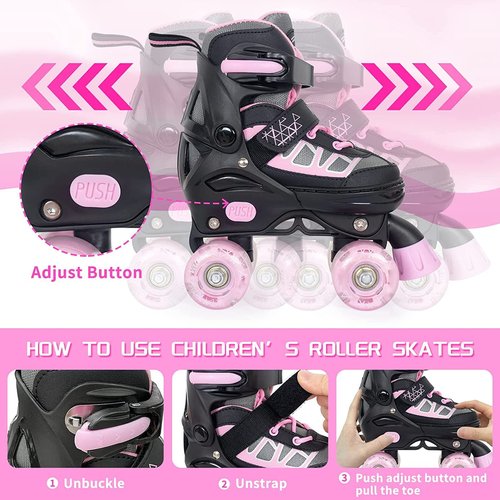 MammyGol Roller Skates for Kids Boys Girls, Adjustable Quad Skates with Light Up Wheels for Toddler Big Kids Ages 6-12 Size 3 4 5 6, Beginners Outdoor Sports, Pink