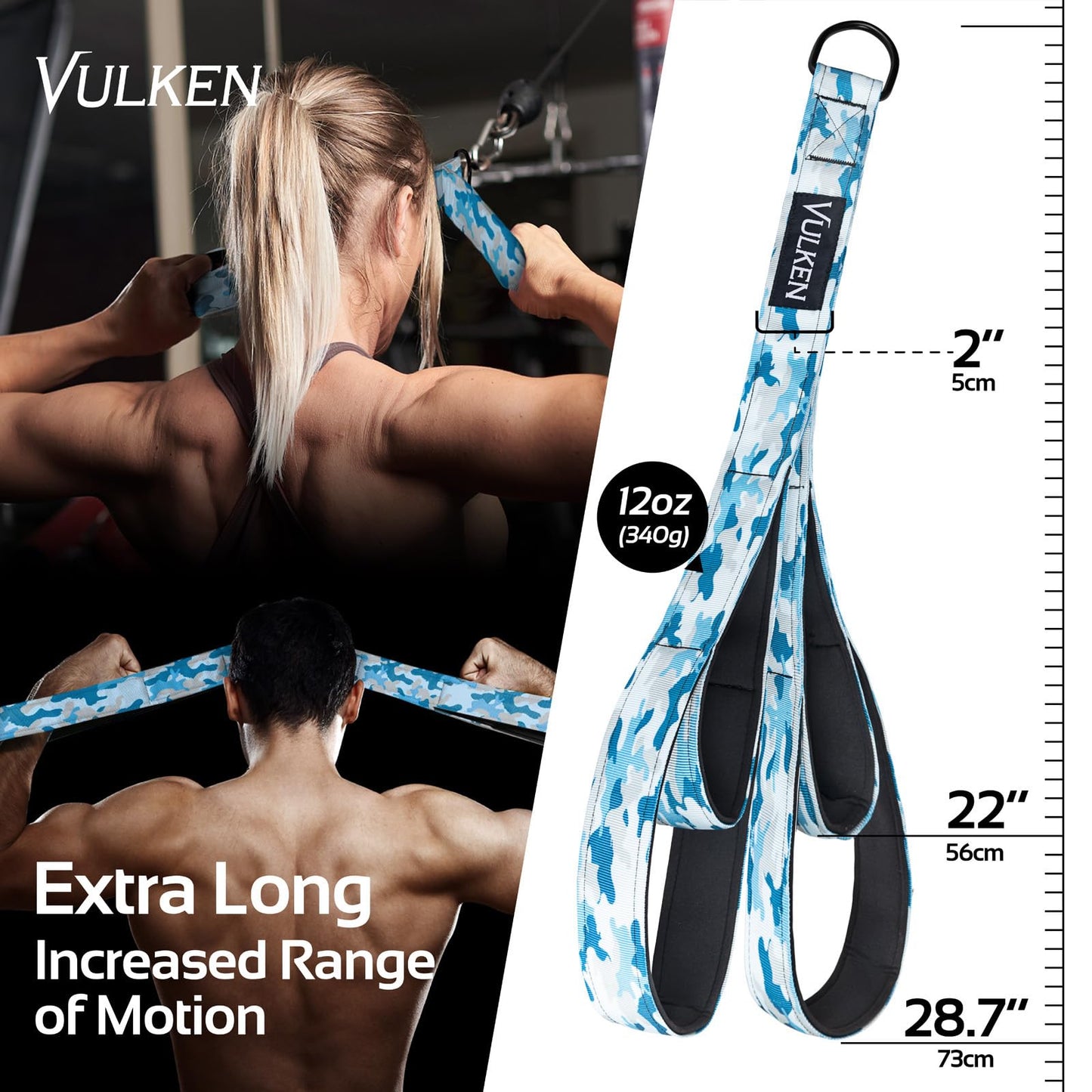 Vulken Tricep Rope Cable Attachment, 28.7 Inch & 22 Inch Two Lengths Built in One Pull Down Rope, Triceps Extension Straps Gym Equipment, Home Workout Handles for Resistance Bands, Blue Camo