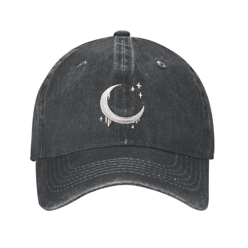 ANSGSD Goth Crescent Moon Hat, Adjustable Embroidered Washed Baseball Cap for Men Women