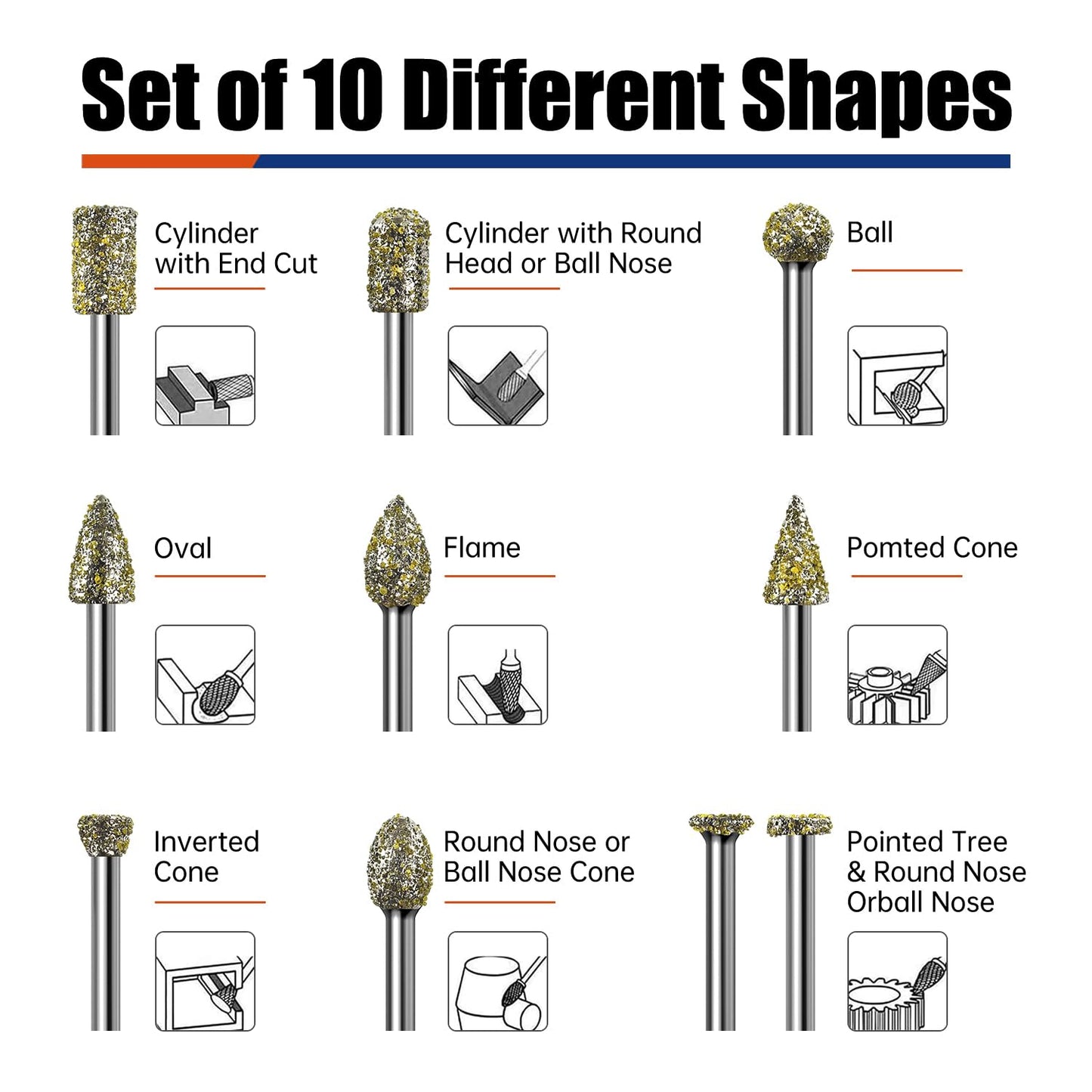 20Pcs 46-Grit Diamond Grinder Bits for Dremel Tool Accessories, 1/8" Shank, Rotary Tool Bits for Stone Glass Resin Porcelain Ceramic Dog Nail Glaze Metal Carve Engrave Polish