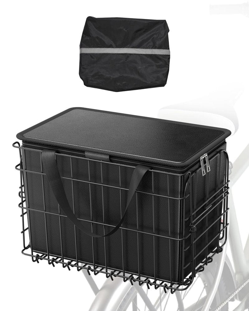 VEVOR Rear Bike Basket, Folding Wire Bicycle Basket with Cargo Net, Removable Liner Bag & Waterproof Cover, Quick Release Design Bike Basket for Adult Women/Men Carrying Dogs Pets Fruit & Grocery