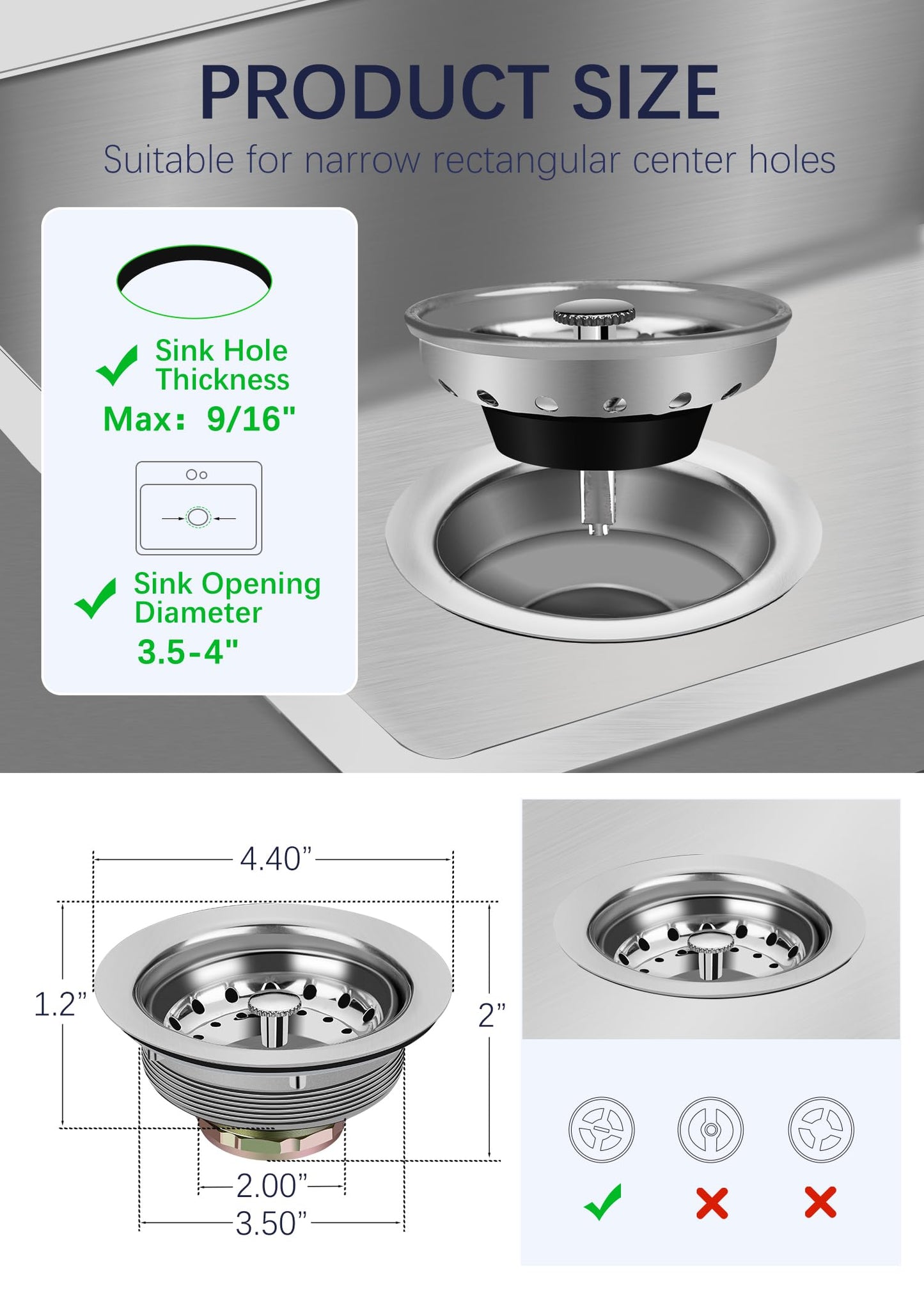 Sepaitek Stainless Steel Commercial Kitchen Sink Drain Assembly for Restaurant Kitchen Sink, 3-1/2 inch Kitchen Sink Drain Kit with Strainer and Stopper, Rustproof and Leakproof