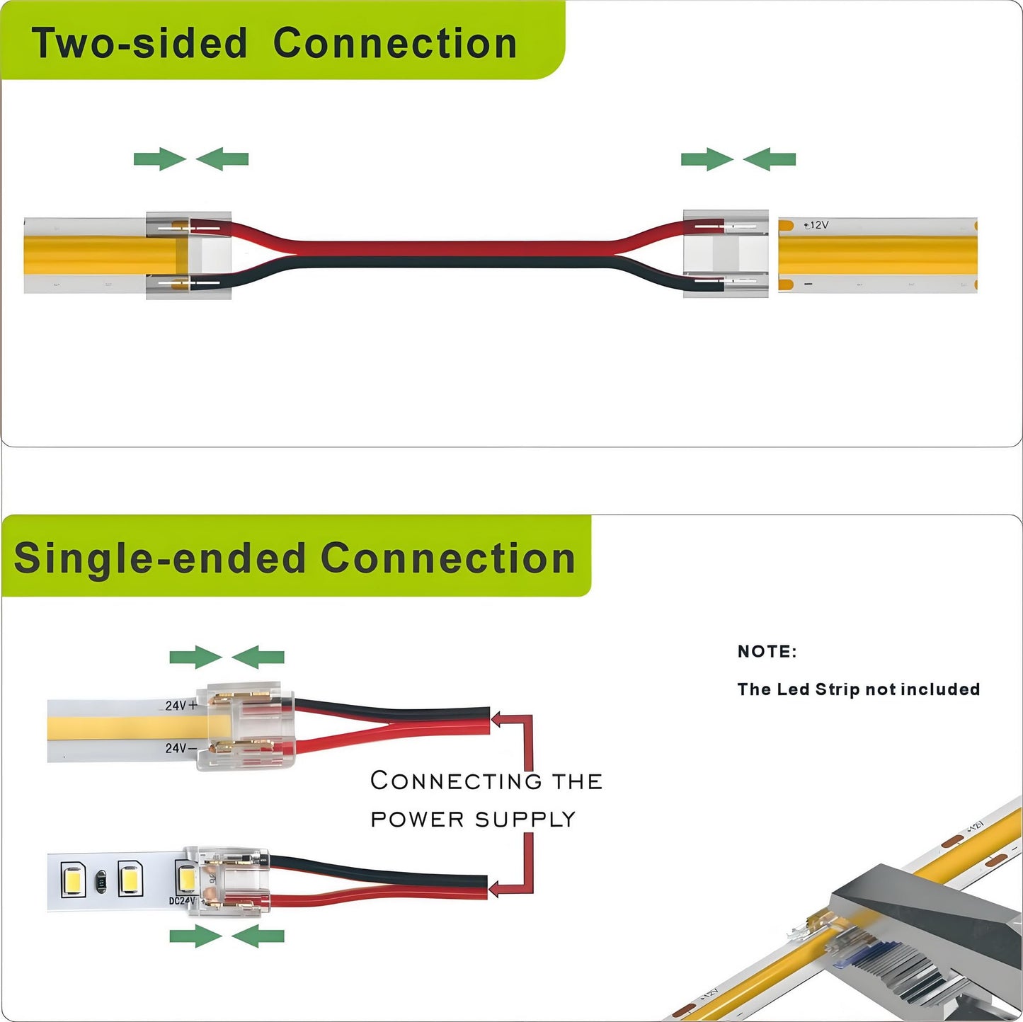 SWOTU 2Pin 10mm Strip & Wire Led Strip Light Connector for 10mm Width COB/SMD Single Color Led Strip