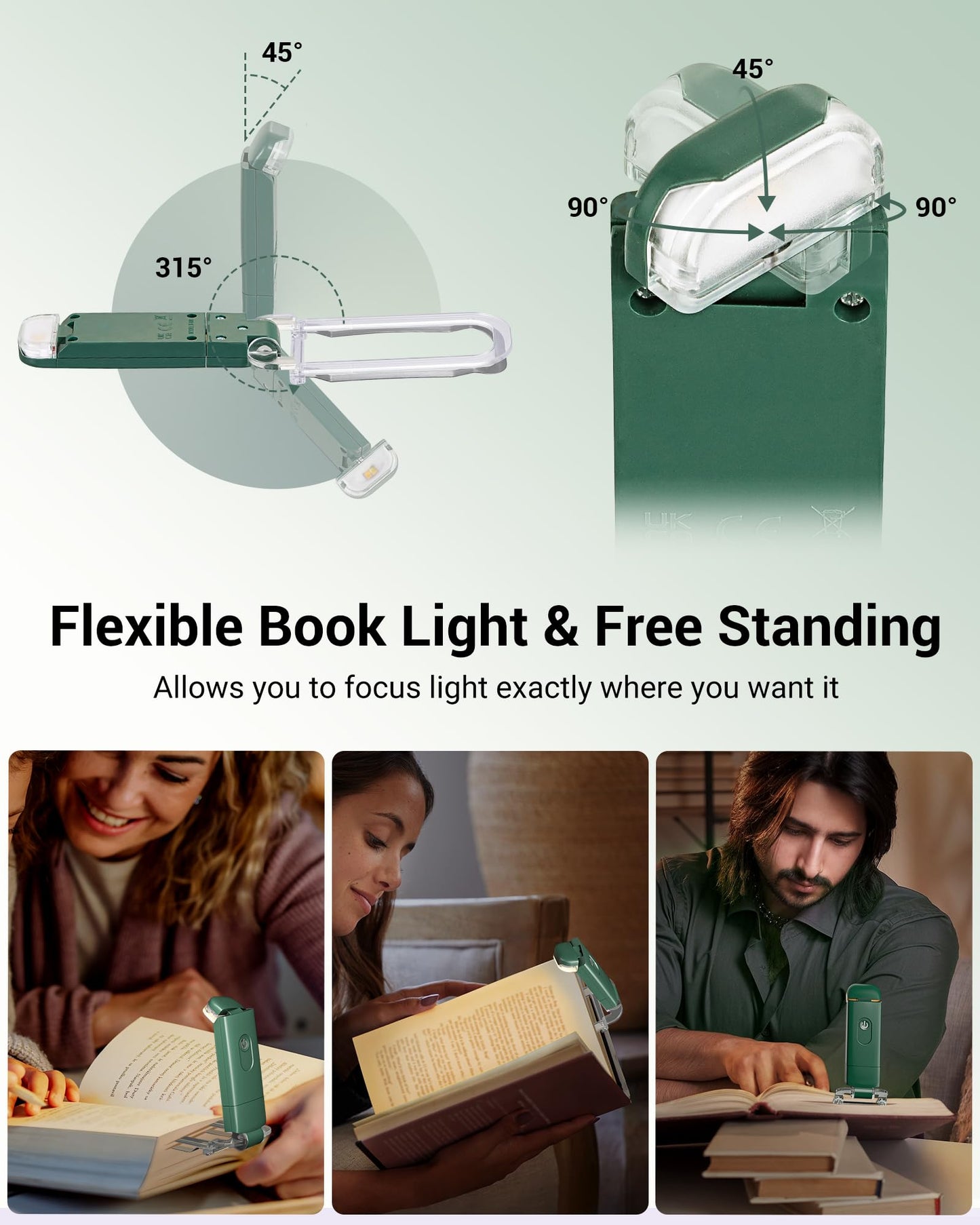 DEWENWILS USB Rechargeable Book Reading Light, LED Clip on Booklight Flexible Reading Lights in Bed, Car at Night, 4 Brightness Adjustable, Perfect for Bookworms, Kids (Dark Green)