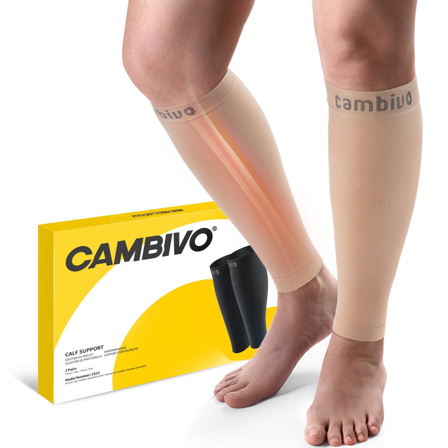 CAMBIVO Calf Compression Sleeve for Women & Men - 20-30mmHg Footless Compression Socks Support for Pain Relief, Varicose Vein (Pure Nude, Medium)